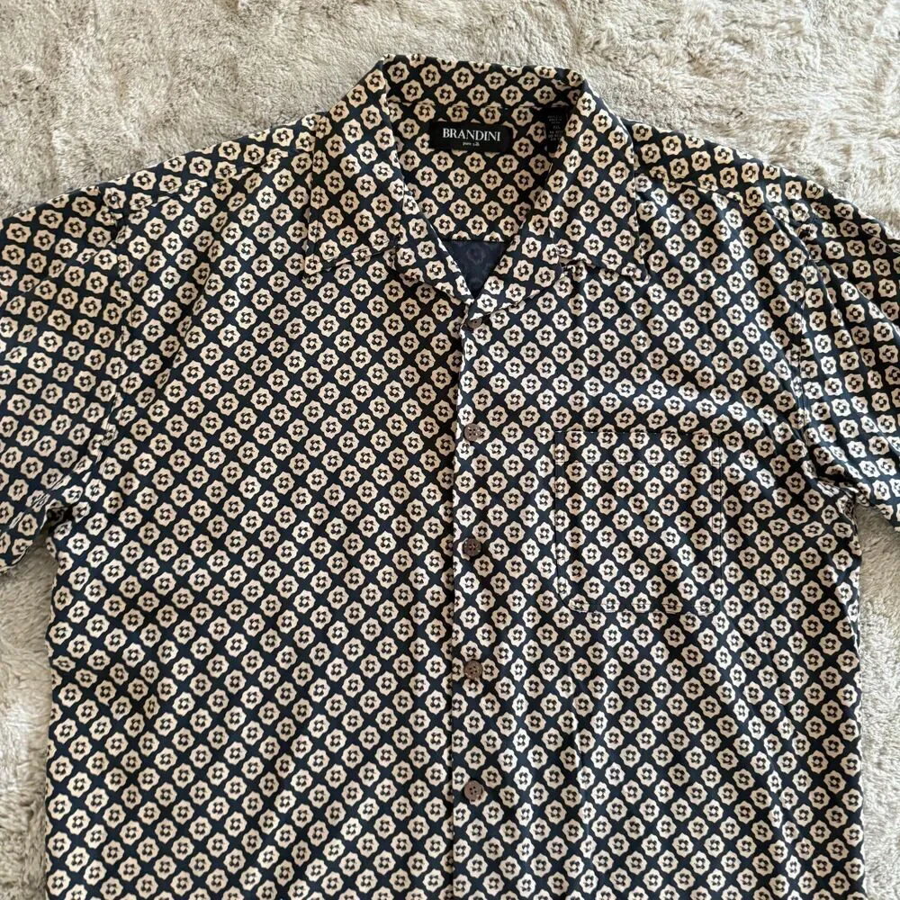 Brandini Men’s XXL 100% Silk Button-Down Shirt Black Beige Geometric Print Aloha